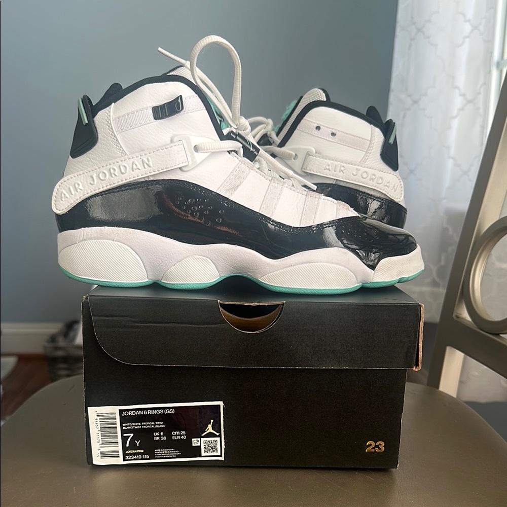 Jordan White and Black Sneakers High-Top Design. Youth Boys size 7